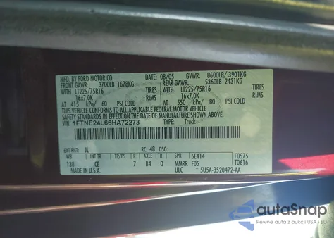 2006 Ford E-250 Commercial/Recreational z USA, uszkodzony, nr VIN 1FTNE24L66HA72273